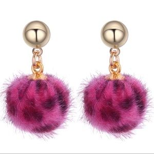 Magenta Leopard Pom Pom Earrings Faux Fur NWT
